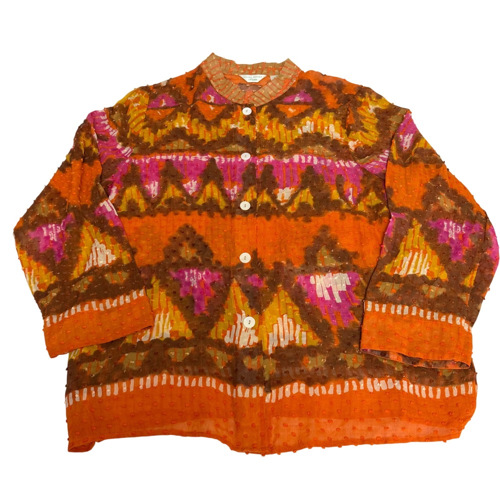 Laura Ashley Petite Silk Cotton Blouse Orange Pink Ikat Swiss Dot PM Medium